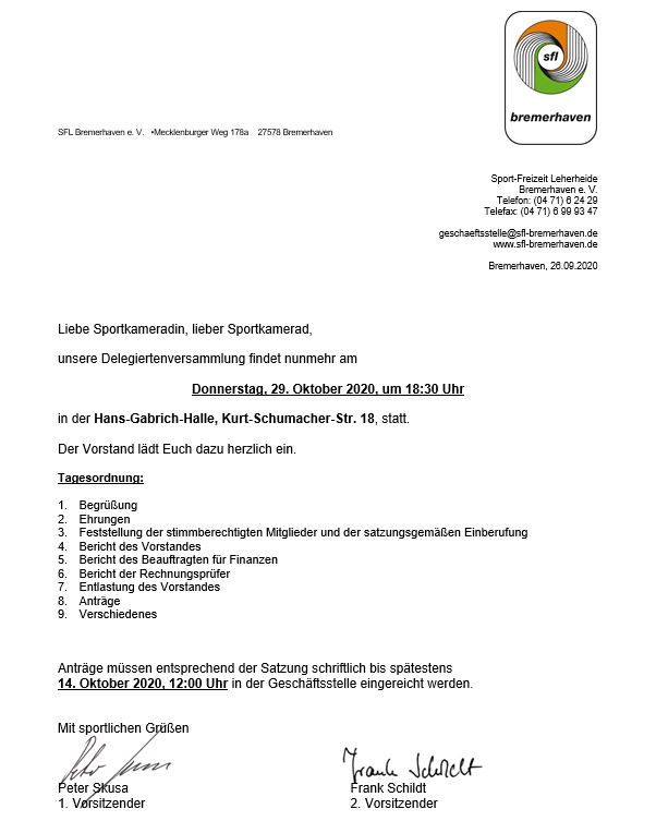 SFL Delegiertenversammlung 29102020