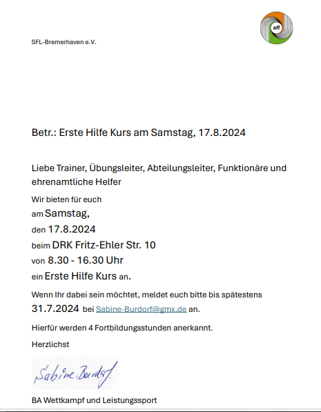 Einladung Erste Hilfe 2024